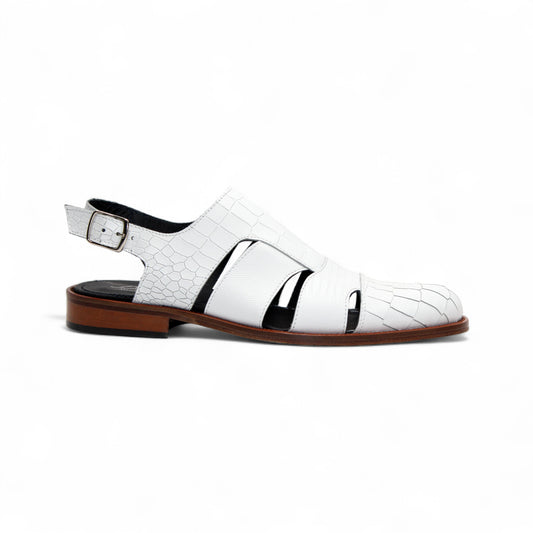 The Duca Di Matiste Positano (White) sandal by Duca Di Matiste features white croco leather, a closed toe, cutout sides, ankle strap with buckle, and brown sole, shown on a plain white background.