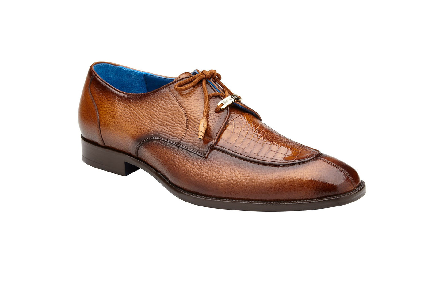 Belvedere's Primo dress shoes, made from genuine American alligator and pebble grain calf leather, showcase a textured design with laces on top, highlighted against a plain white background.