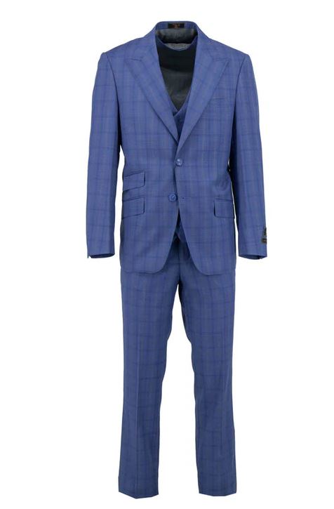 The Tiglio Luxe Prosecco Modern Fit TL6069 three-piece suit, by Tiglio Luxe, features a blue plaid pure wool blazer, vest, and trousers that highlight modern tailored elegance on a white background.