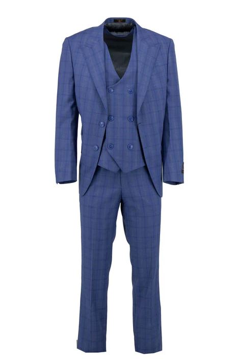 The Tiglio Luxe Prosecco Modern Fit TL6069 three-piece suit, by Tiglio Luxe, features a blue plaid pure wool blazer, vest, and trousers that highlight modern tailored elegance on a white background.