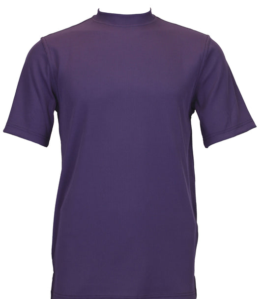 The Bassiri S/S Mock-Neck Purple T-Shirt 218 is a plain purple short-sleeved essential, meticulously designed for a comfortable fit, showcased against a crisp white background.