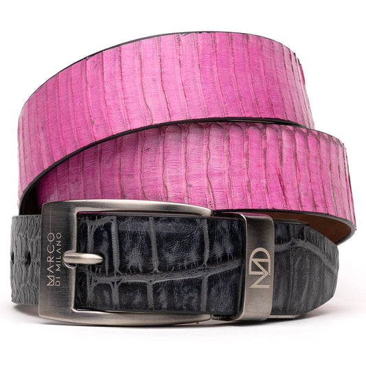 The Moncalieri Belt Pink / Gray by Marco Di Milano features a textured gray exterior, vibrant pink interior, and a silver logo-engraved buckle, showcasing the brand’s signature luxury style in genuine alligator and cobra skin.