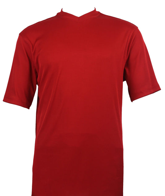 Bassiri's S/S V-Neck Red T-Shirt 219, made from soft microfiber, is showcased against a white backdrop.