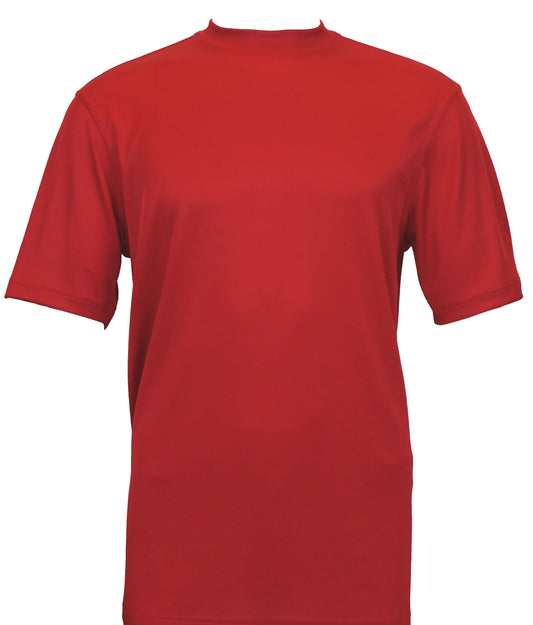 The Bassiri S/S Mock-Neck Red T-Shirt 218 by Bassiri is a classic red short-sleeve shirt featuring a mock-neck design, showcased against a clean white background.