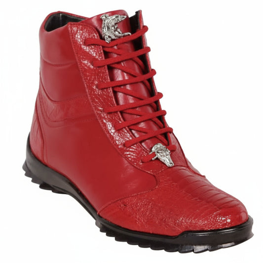 The Los Altos HIGH TOP Red Ostrich Boots are handmade red lace-up sneakers featuring textured exotic leather, a black sole, and a silver accent on the laces.