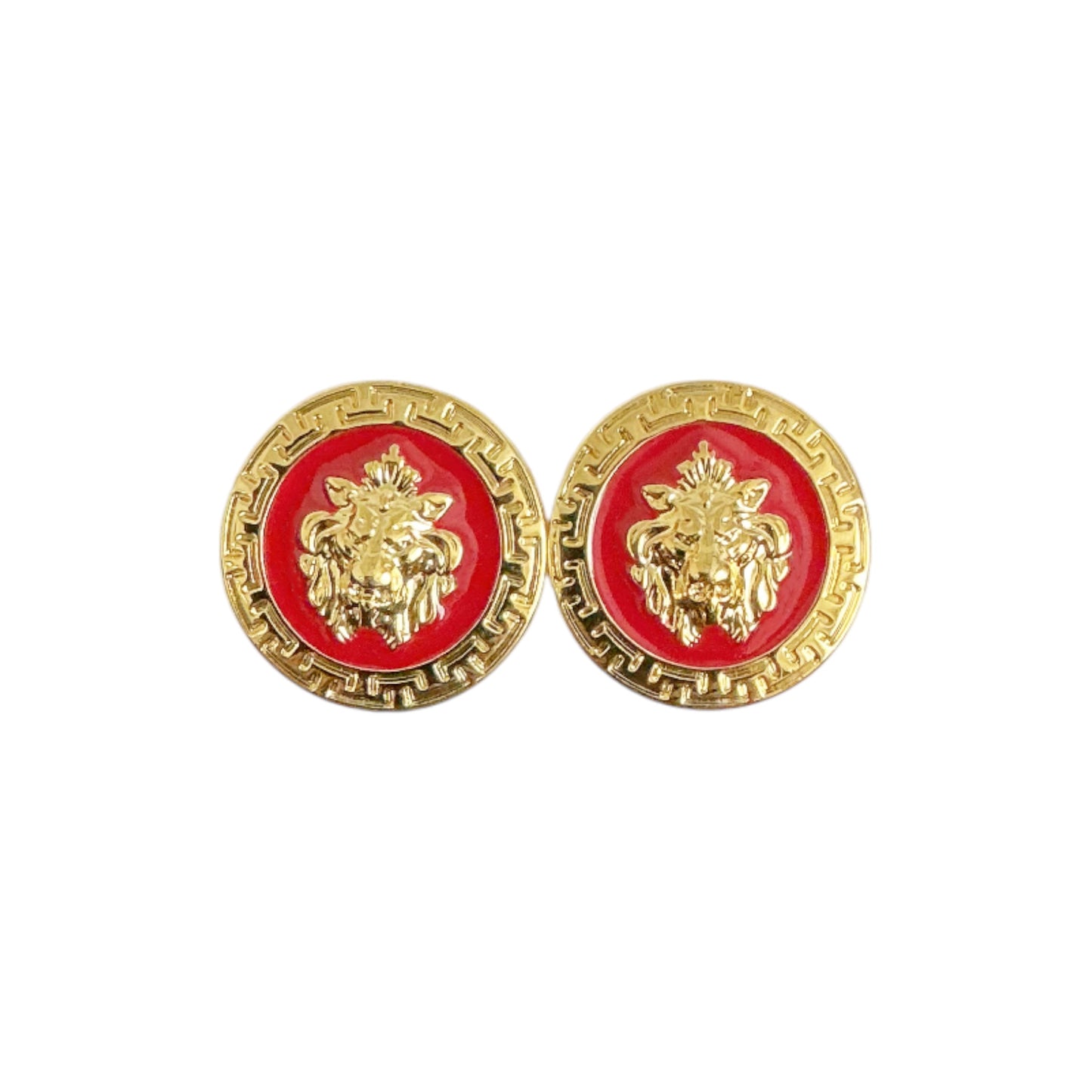The Matiste Red/Gold Cufflinks by Matiste feature a lion head motif on a red background with a decorative gold border, inspired by classic Italian designs.