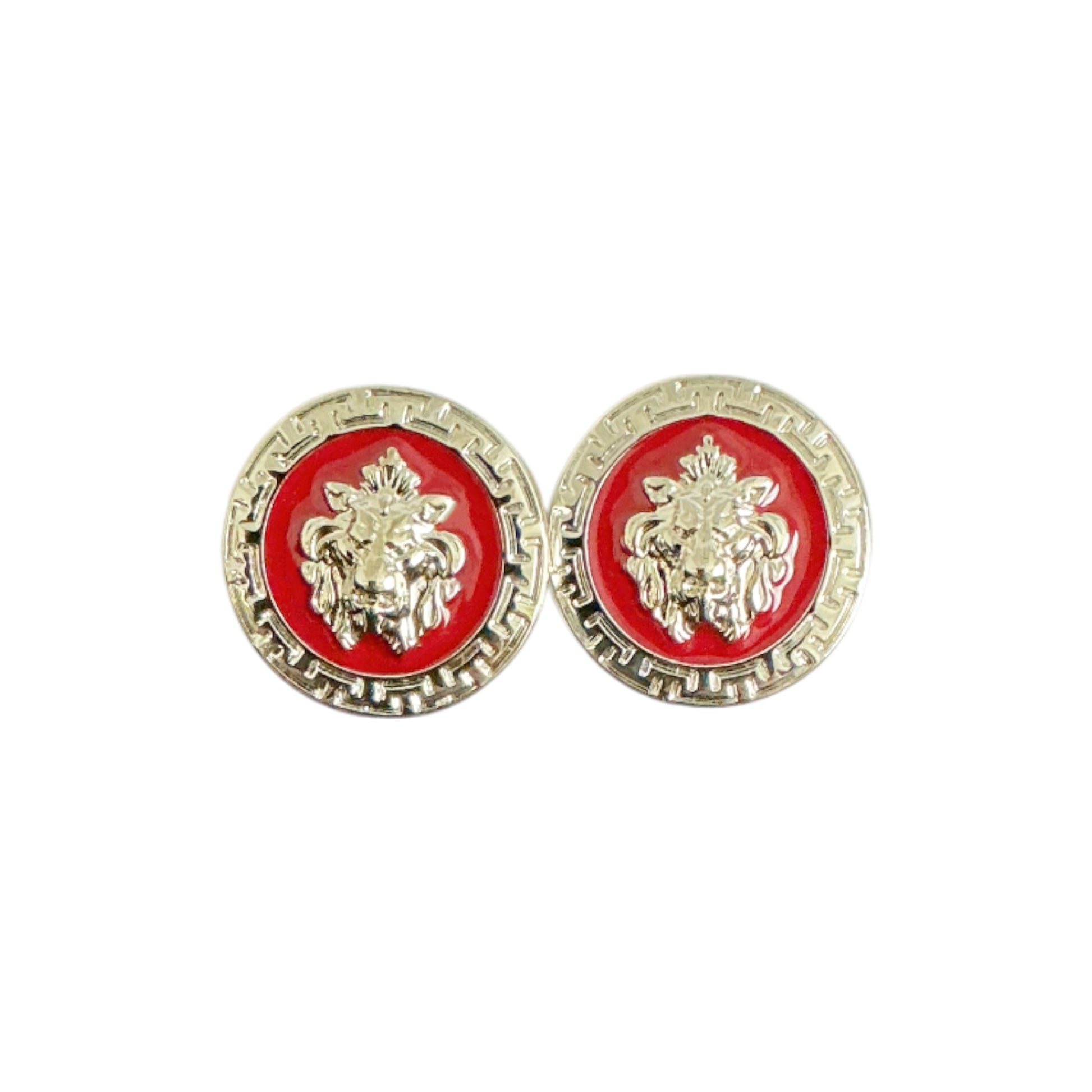Matiste Red/Silver Cufflinks by Matiste feature a raised lion’s head on a red background with a decorative border, capturing classic Italian cufflink style.