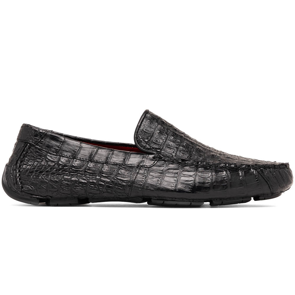 The Remo Black by Marco Di Milano: a pair of black textured driving loafers with a crocodile pattern—one upright, one showing the sole—making a bold statement in luxury men's footwear.