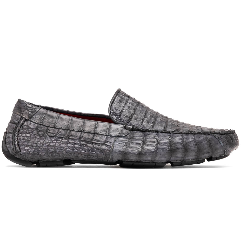 The Remo Gray driving loafers by Marco Di Milano feature a textured gray upper and rubber sole, with one shoe upright and the other leaning—ideal for genuine exotic footwear enthusiasts.