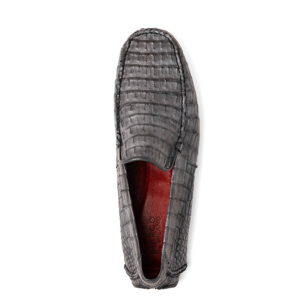 The Remo Gray driving loafers by Marco Di Milano feature a textured gray upper and rubber sole, with one shoe upright and the other leaning—ideal for genuine exotic footwear enthusiasts.