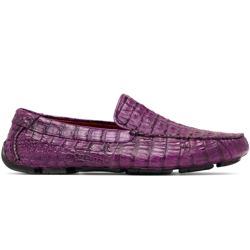 The Remo Purple by Marco Di Milano: a pair of crocodile-patterned purple leather driving loafers, one upright and one on its side revealing the black rubber sole—luxury men's footwear at its finest.