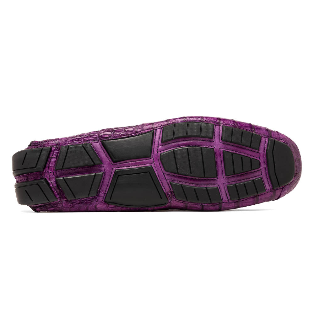 The Remo Purple by Marco Di Milano: a pair of crocodile-patterned purple leather driving loafers, one upright and one on its side revealing the black rubber sole—luxury men's footwear at its finest.