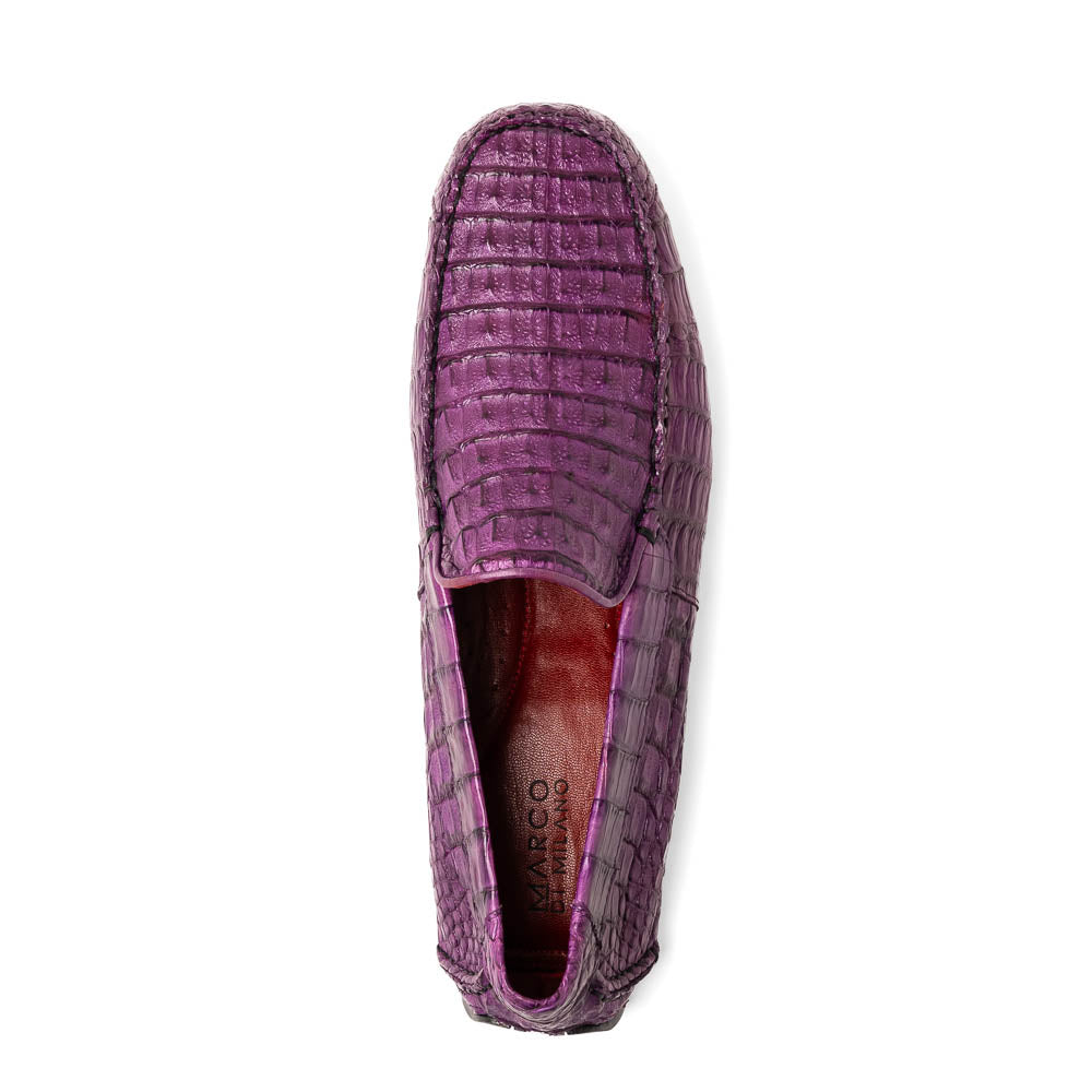 The Remo Purple by Marco Di Milano: a pair of crocodile-patterned purple leather driving loafers, one upright and one on its side revealing the black rubber sole—luxury men's footwear at its finest.