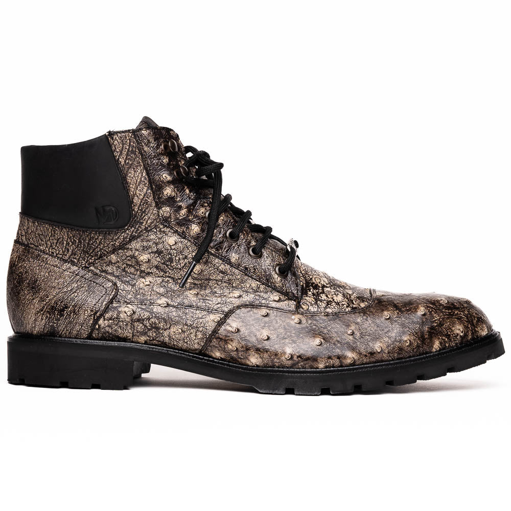 The Renzo Stone Black boots by Marco Di Milano feature genuine ostrich leather in brown, black laces, and black rubber soles—luxury footwear with a unique exotic flair.
