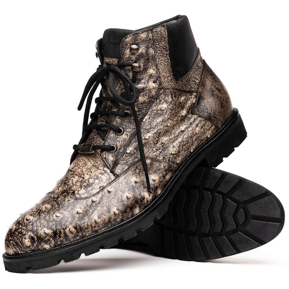 The Renzo Stone Black boots by Marco Di Milano feature genuine ostrich leather in brown, black laces, and black rubber soles—luxury footwear with a unique exotic flair.