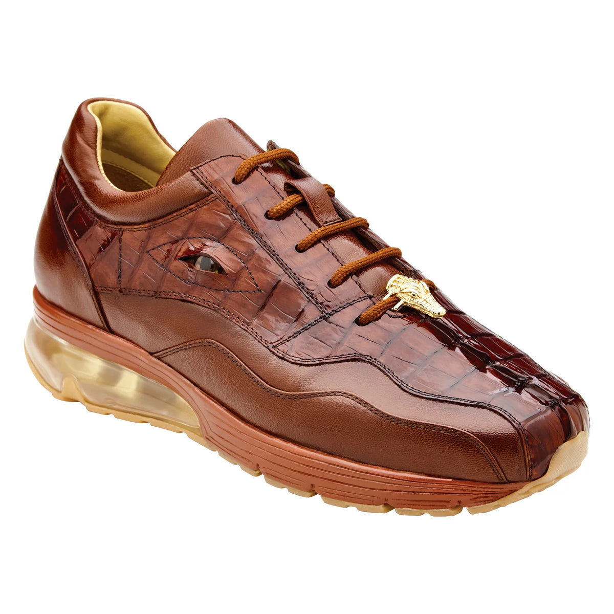 Belvedere - Rex, Genuine Caiman Sneaker - Ant. Peanut - Y44 in cognac brown caiman leather, featuring a gold-tone lace ornament and a translucent, multi-chambered sole.