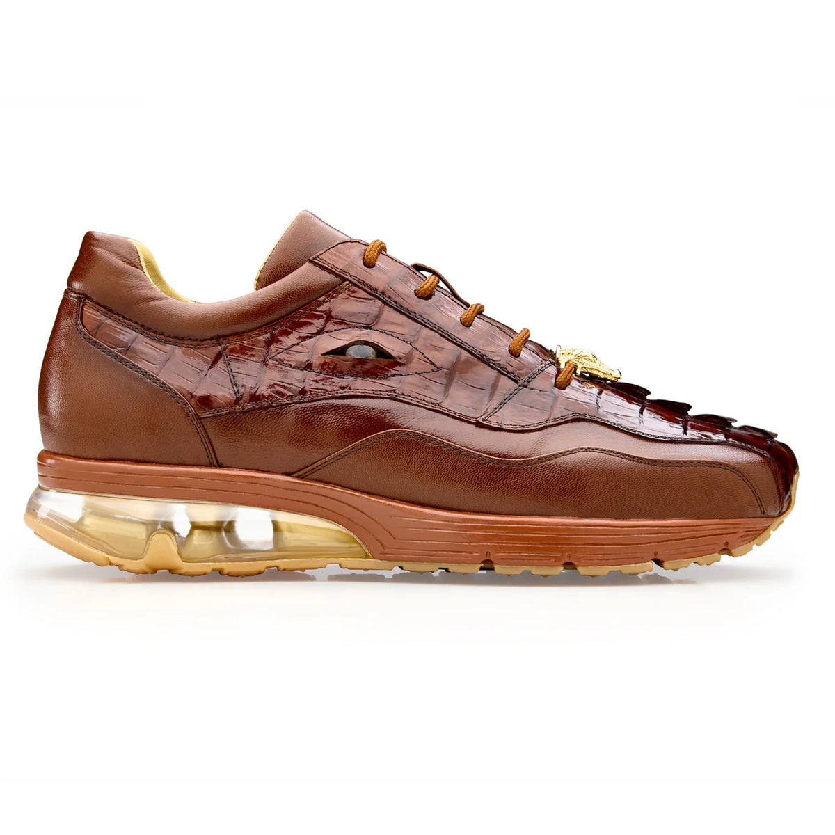 Belvedere - Rex, Genuine Caiman Sneaker - Ant. Peanut - Y44 in cognac brown caiman leather, featuring a gold-tone lace ornament and a translucent, multi-chambered sole.
