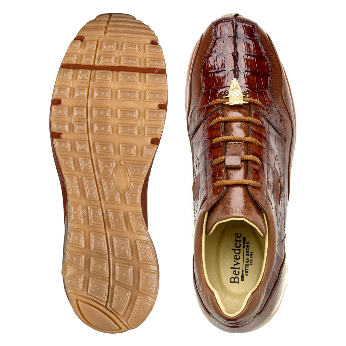 Belvedere - Rex, Genuine Caiman Sneaker - Ant. Peanut - Y44 in cognac brown caiman leather, featuring a gold-tone lace ornament and a translucent, multi-chambered sole.