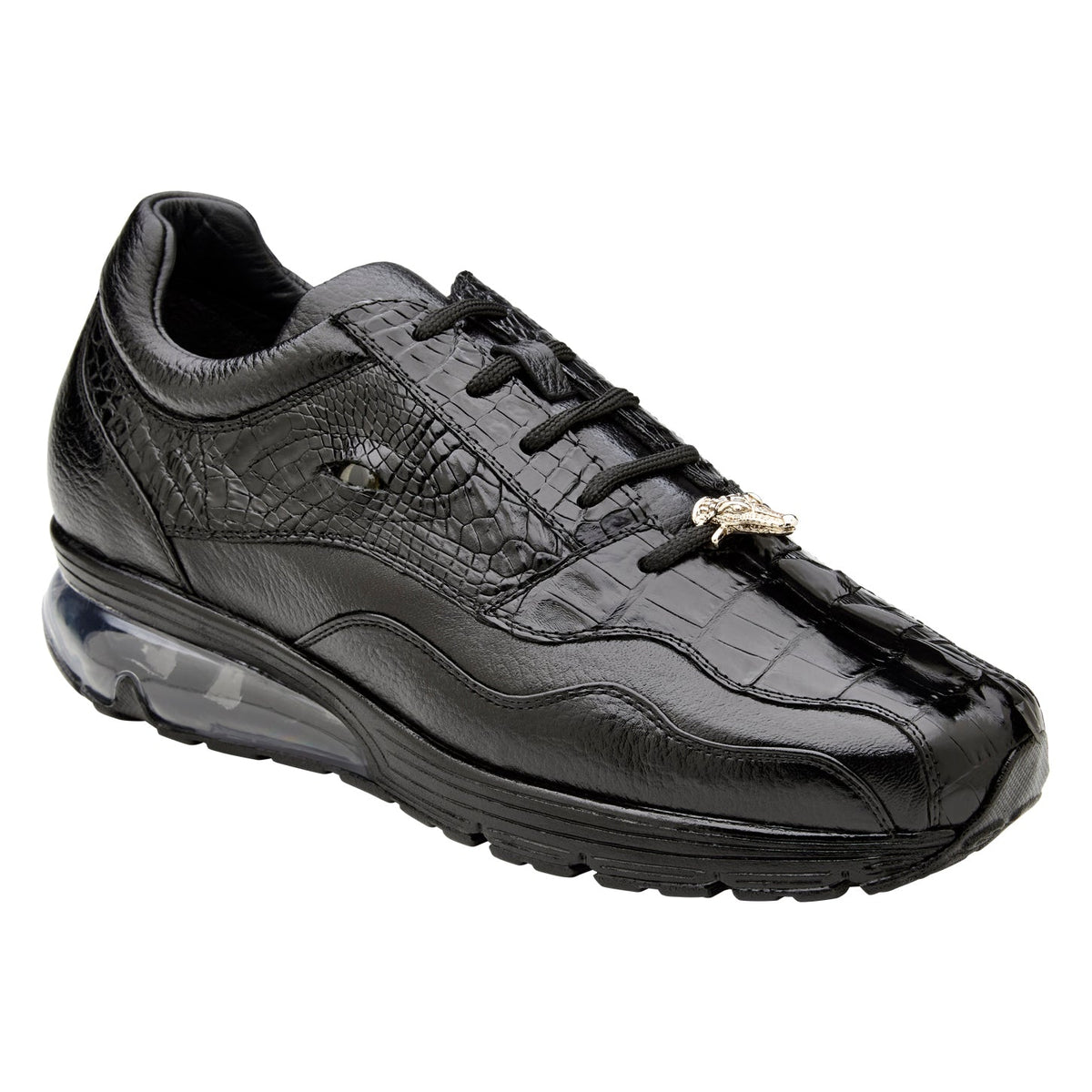 Black Belvedere - Rex, Genuine Caiman Sneaker - Black - Y44 lace-up sneakers featuring textured panels, a metallic crocodile ornament, and a translucent air-cushioned sole.