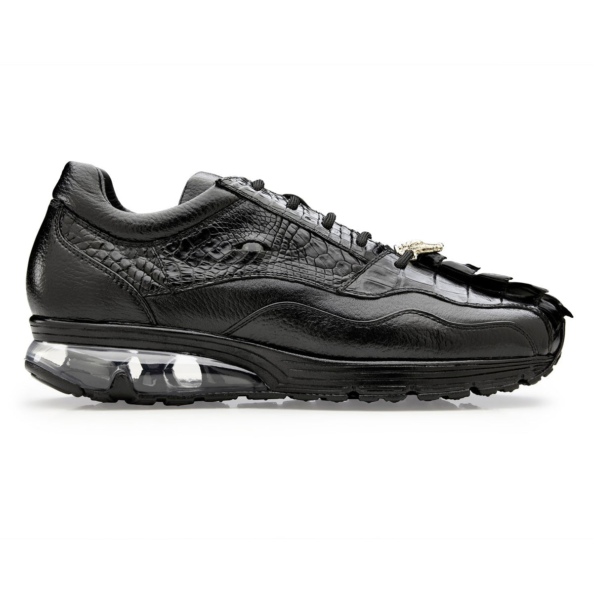 Black Belvedere - Rex, Genuine Caiman Sneaker - Black - Y44 lace-up sneakers featuring textured panels, a metallic crocodile ornament, and a translucent air-cushioned sole.