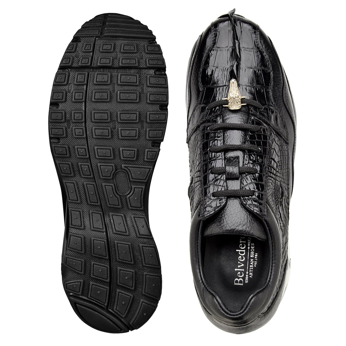 Black Belvedere - Rex, Genuine Caiman Sneaker - Black - Y44 lace-up sneakers featuring textured panels, a metallic crocodile ornament, and a translucent air-cushioned sole.