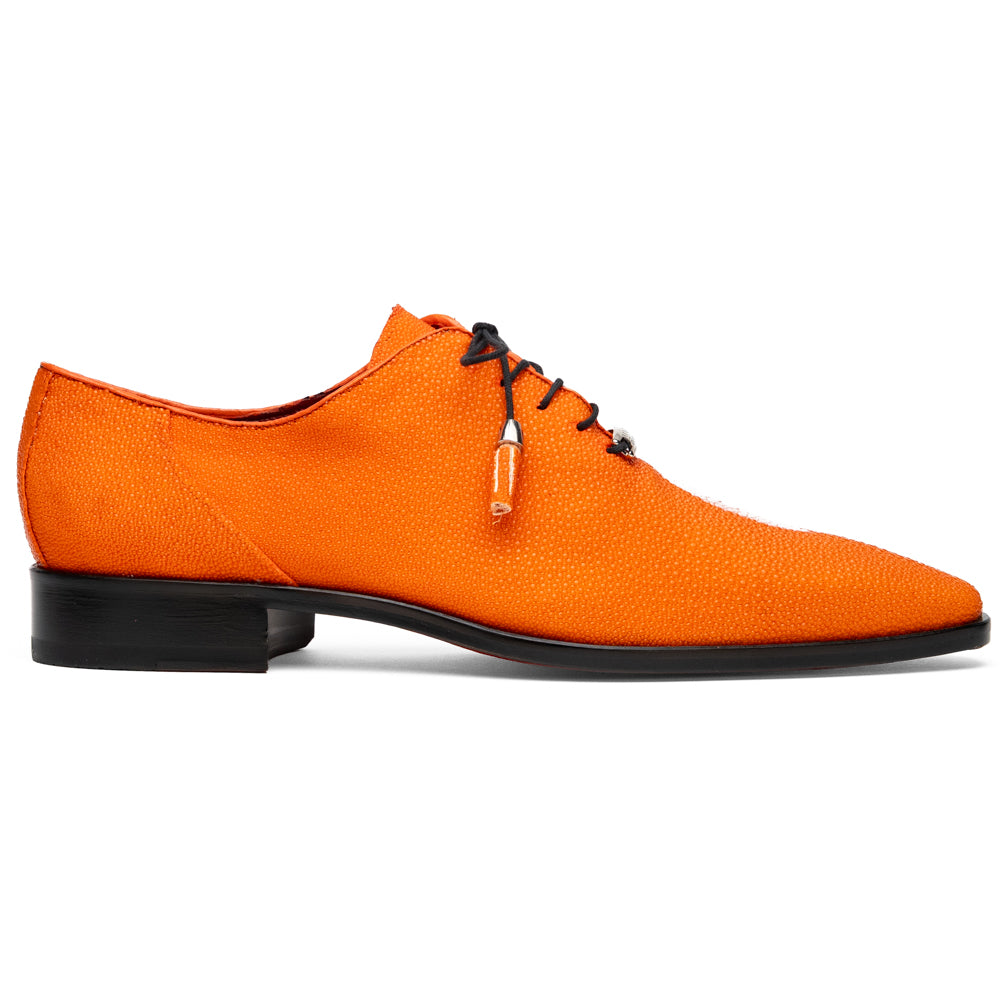 Rimini Orange men’s exotic lace-up dress shoes by Marco Di Milano, expertly crafted from genuine stingray leather in a bright orange hue with black laces; one shoe stands upright while the other lies on its side, showcasing the vibrant red sole and contrasting black heel.
