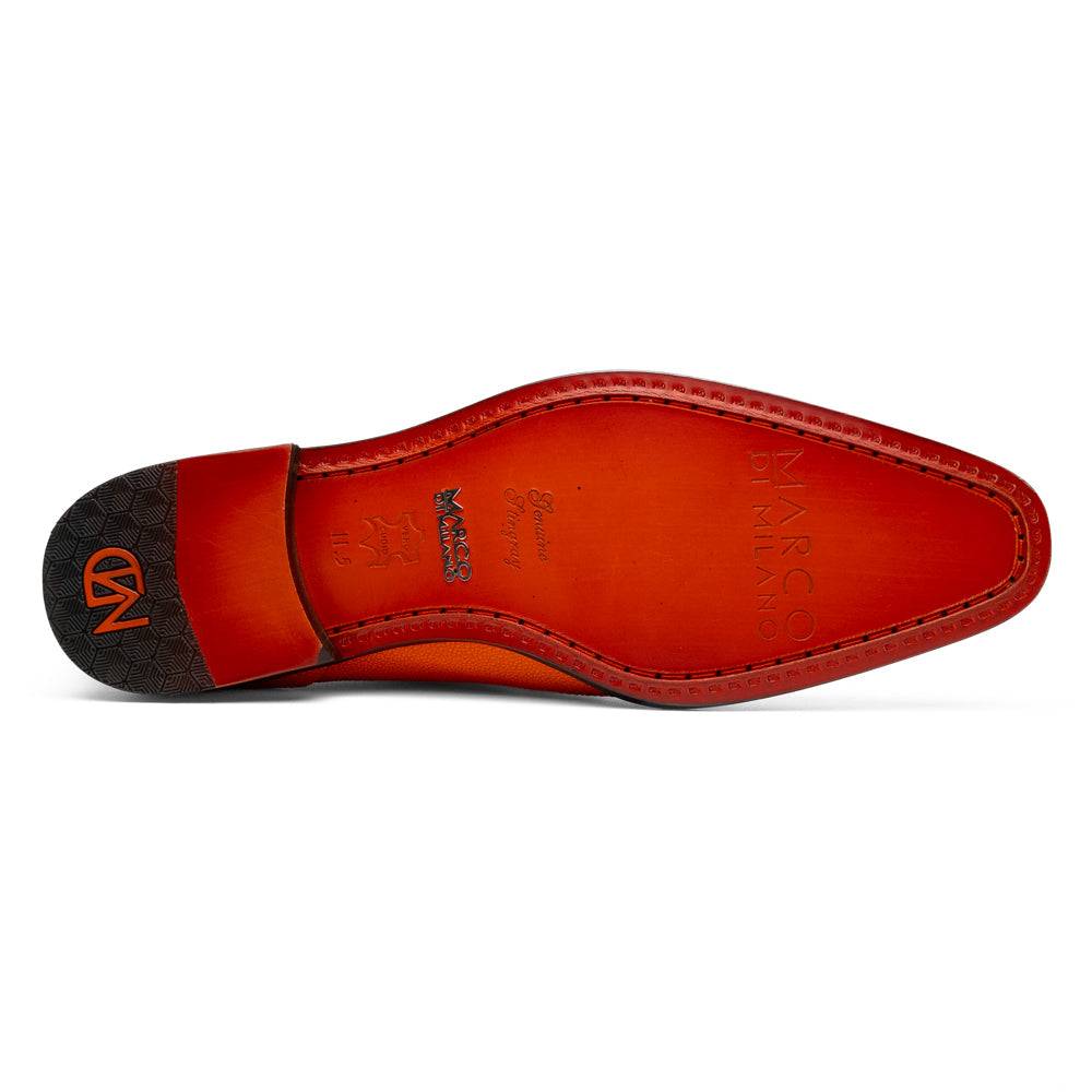 Rimini Orange men’s exotic lace-up dress shoes by Marco Di Milano, expertly crafted from genuine stingray leather in a bright orange hue with black laces; one shoe stands upright while the other lies on its side, showcasing the vibrant red sole and contrasting black heel.