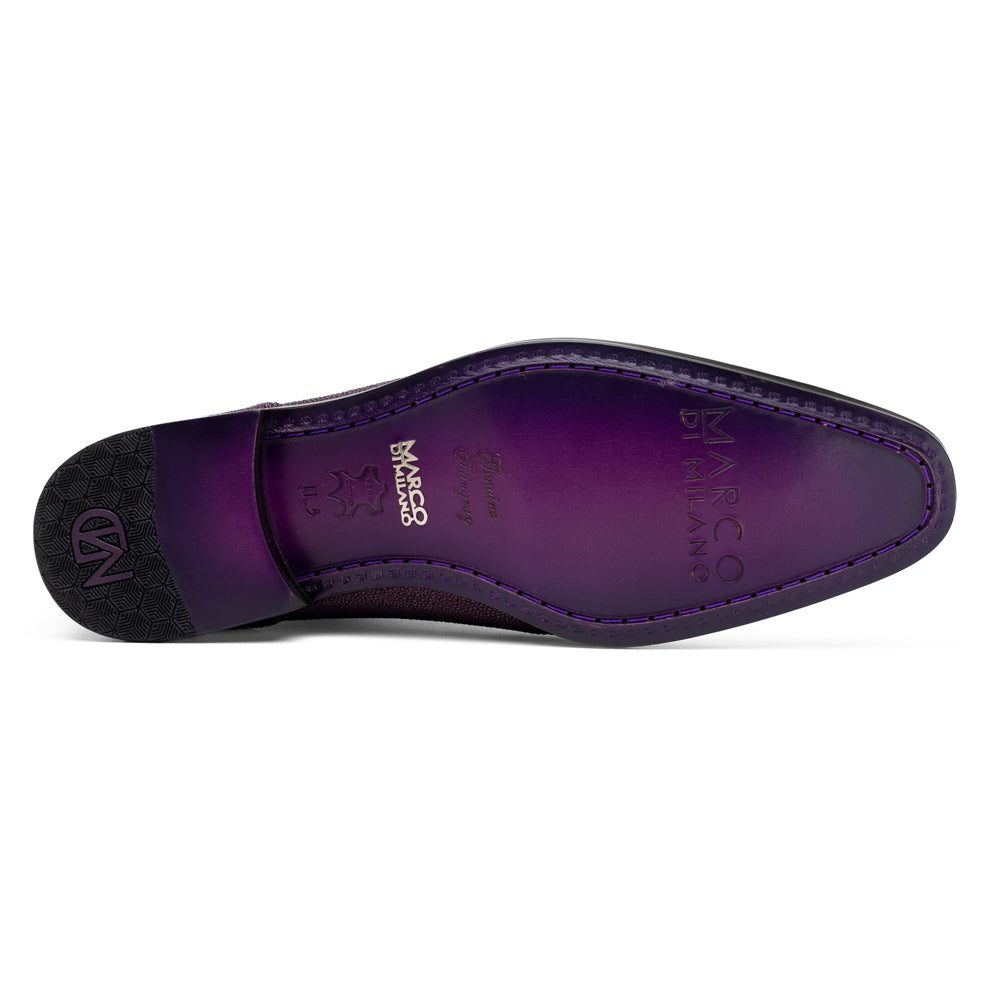 A pair of Marco Di Milano Rimini Purple textured leather dress shoes with black laces and tassel accents, featuring one shoe upright and the other on its side to showcase the bold purple sole—an eye-catching exotic lace-up design crafted to stand out.