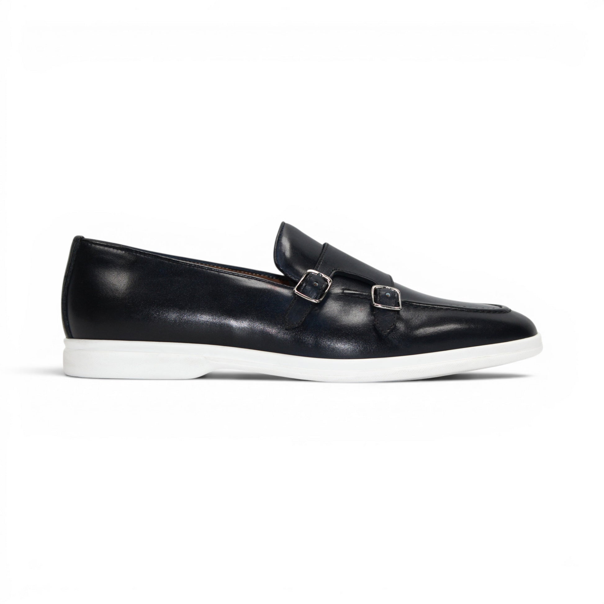 The Duca Rimini Navy by Duca Di Matiste, crafted in premium navy calf leather with double buckle straps and a white rubber sole, is displayed in profile on a plain white background, exuding timeless sophistication.