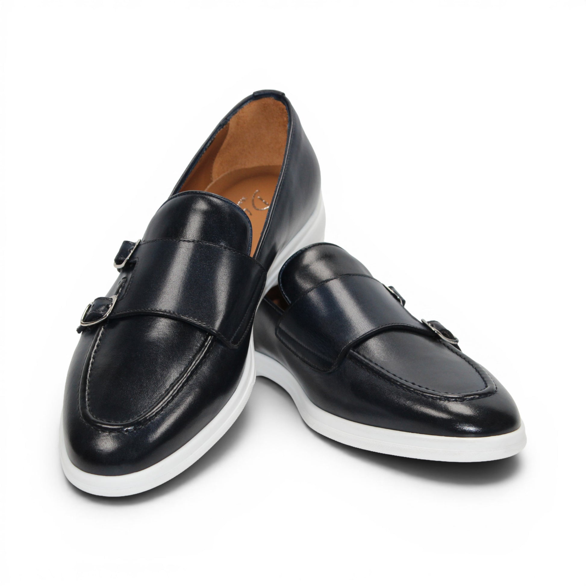 The Duca Rimini Navy by Duca Di Matiste, crafted in premium navy calf leather with double buckle straps and a white rubber sole, is displayed in profile on a plain white background, exuding timeless sophistication.