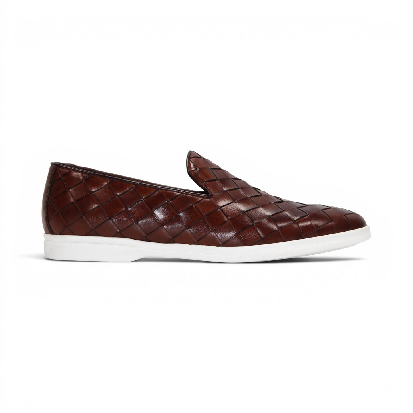 The Duca Di Matiste Duca Rivoli Marrone is a brown woven leather slip-on with a white rubber sole, displayed in side view against a plain white background, highlighting luxury footwear.