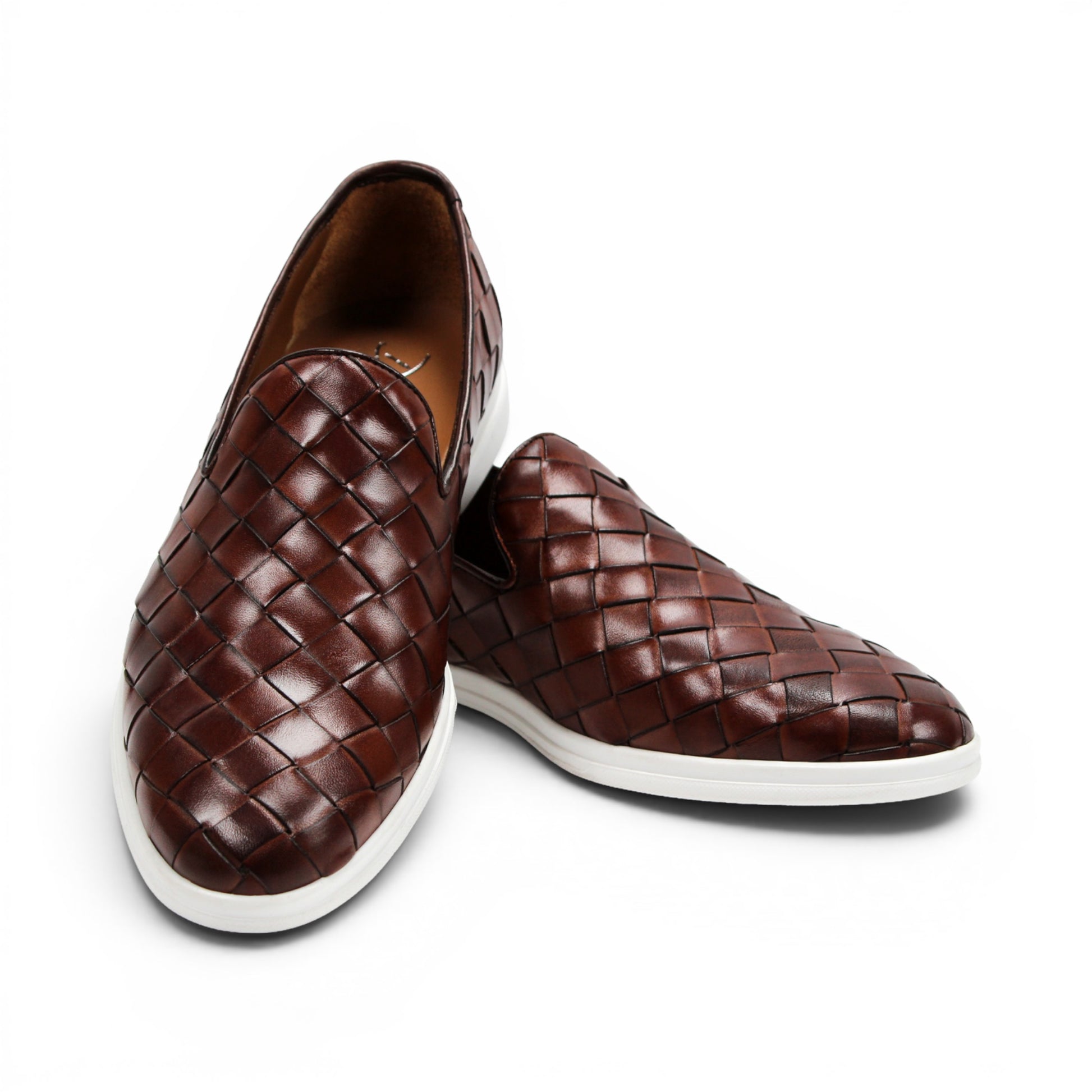 The Duca Di Matiste Duca Rivoli Marrone is a brown woven leather slip-on with a white rubber sole, displayed in side view against a plain white background, highlighting luxury footwear.