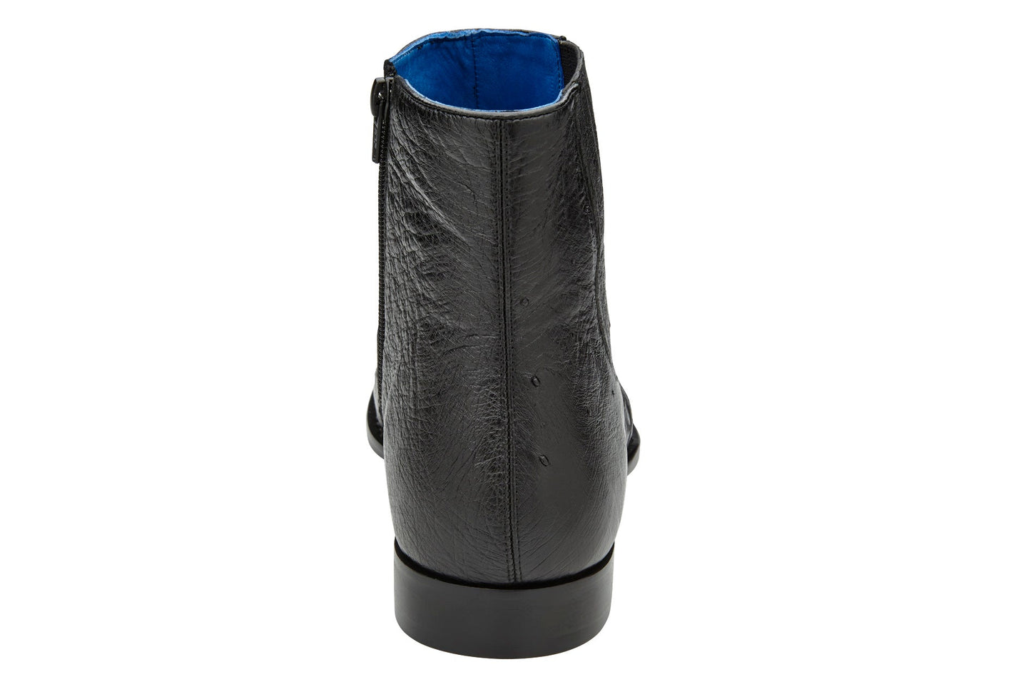 The BELVEDERE Belvedere - Roger, Genuine Ostrich Quill Chelsea Boot in black (R55) features side elastic panels, a leather sole, and a low heel, displayed in side profile against a white background.