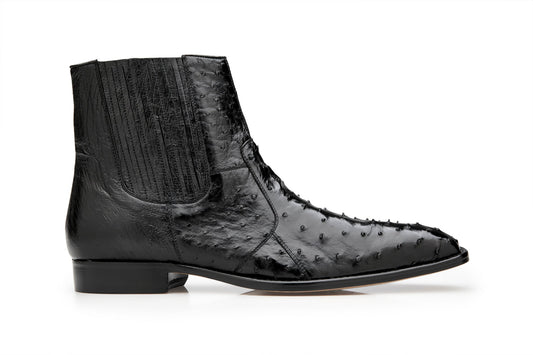 The BELVEDERE Belvedere - Roger, Genuine Ostrich Quill Chelsea Boot in black (R55) features side elastic panels, a leather sole, and a low heel, displayed in side profile against a white background.