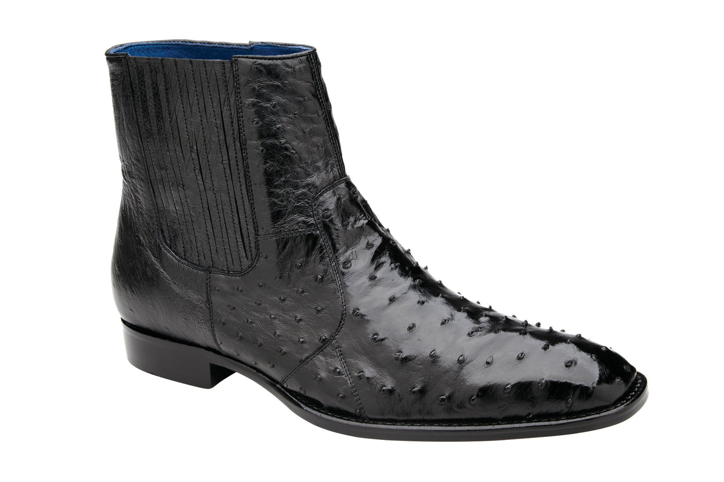 The BELVEDERE Belvedere - Roger, Genuine Ostrich Quill Chelsea Boot in black (R55) features side elastic panels, a leather sole, and a low heel, displayed in side profile against a white background.
