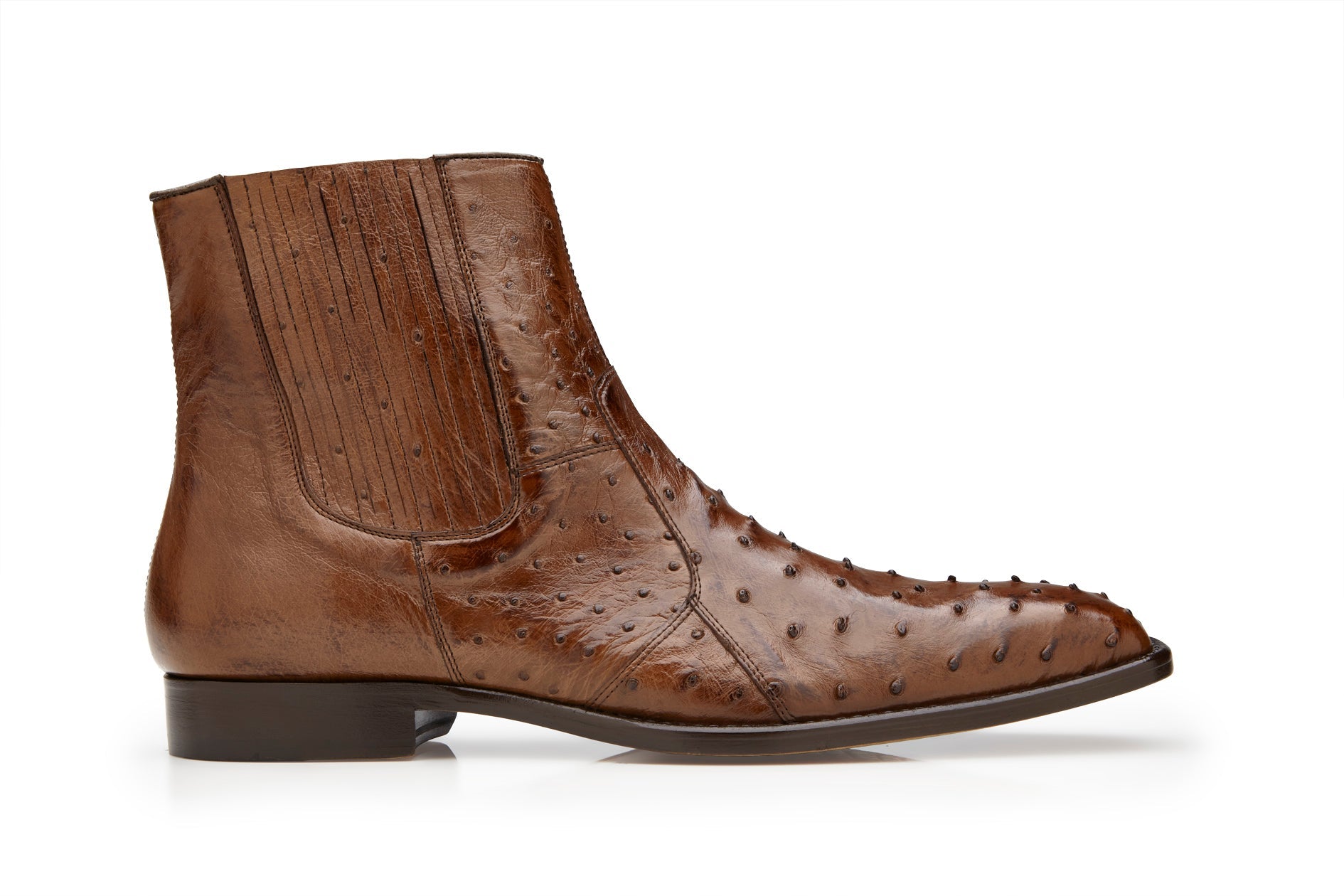The BELVEDERE "Roger" Chelsea Boot (Ant. Brown, R55) features genuine ostrich quill leather with a textured finish, brown leather sole, side elastic panel, and low heel—shown in profile against a white background.