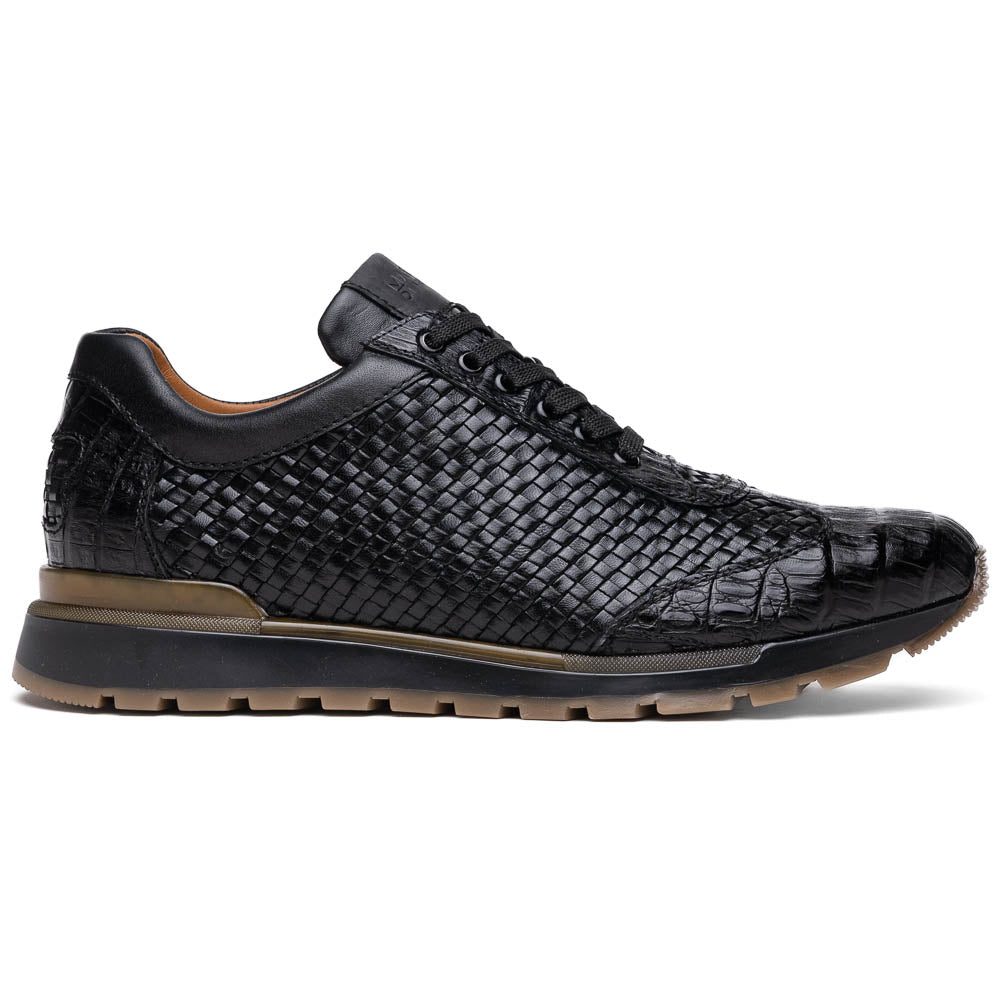 The Marco Di Milano Roma Black features luxury black woven calfskin sneakers with black laces and brown rubber soles—one shoe stands upright while the other leans against it.