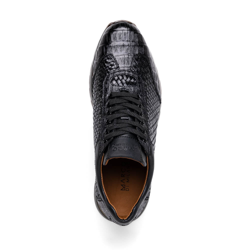 The Marco Di Milano Roma Black features luxury black woven calfskin sneakers with black laces and brown rubber soles—one shoe stands upright while the other leans against it.