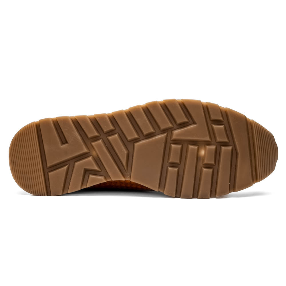 The Roma Brandy sneakers by Marco Di Milano feature brown woven calfskin, textured toe and heel, black laces, white midsoles, and brown rubber outsoles. One shoe stands upright while the other lies on its side.
