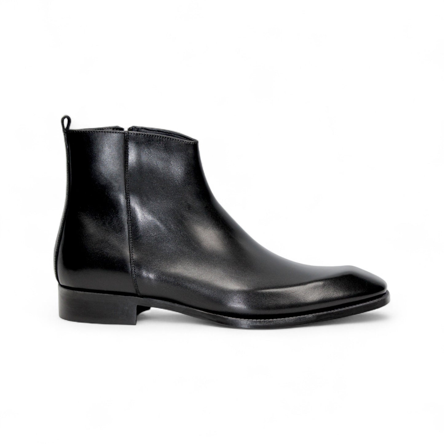 The Duca Di Matiste Duca Romano Black ankle boot features black leather, a low heel, and side zipper, expertly handcrafted in Italy and shown in profile on a plain white background.