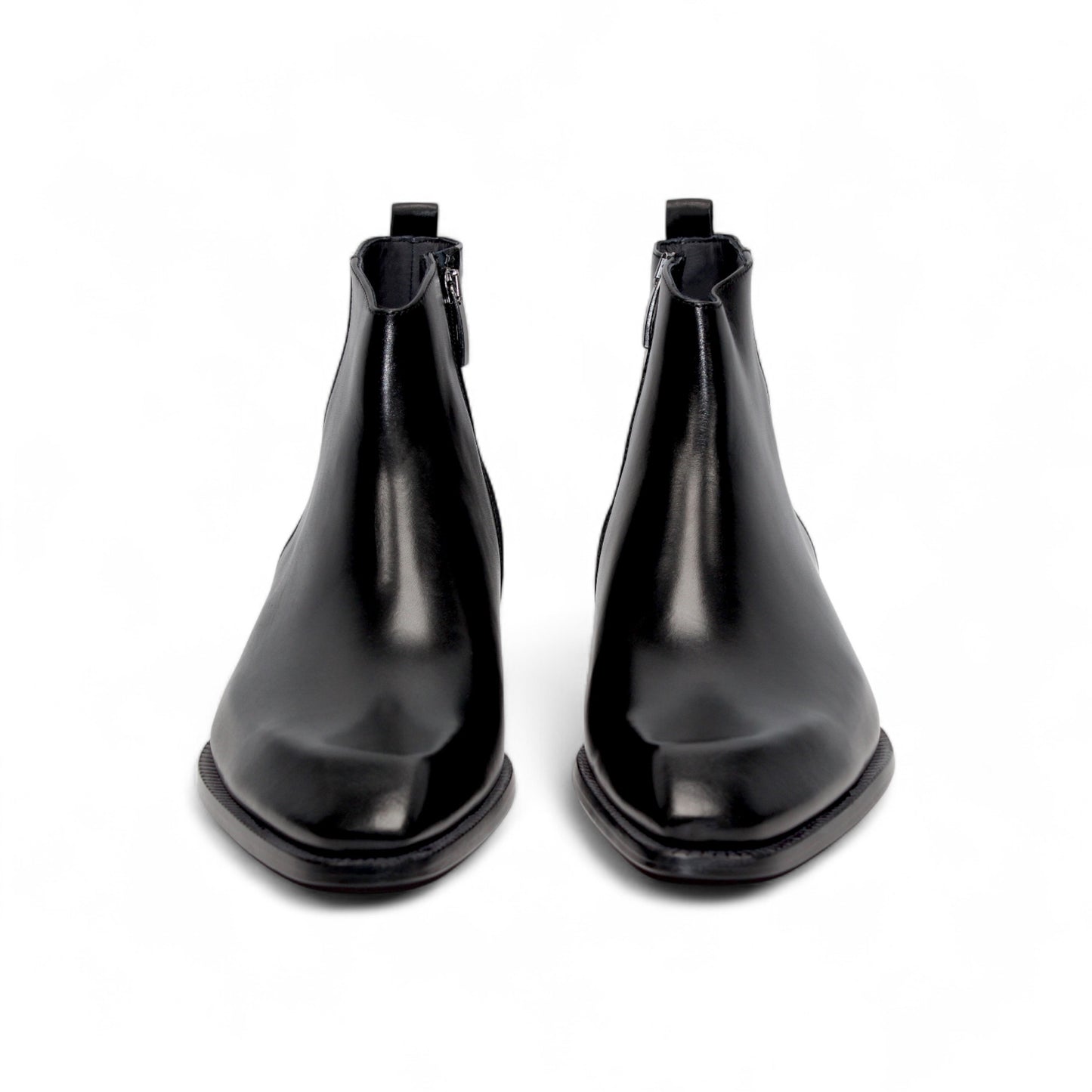 The Duca Di Matiste Duca Romano Black ankle boot features black leather, a low heel, and side zipper, expertly handcrafted in Italy and shown in profile on a plain white background.