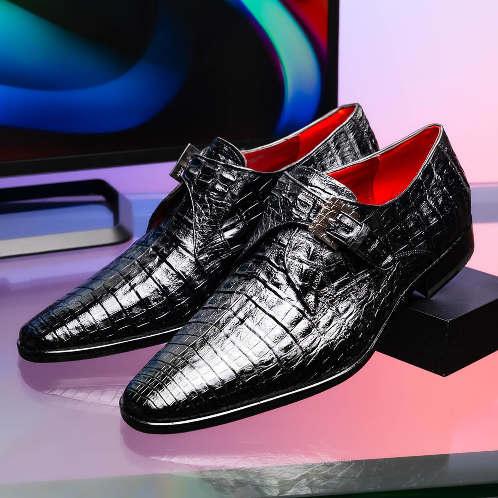 The Marco Di Milano Rovigo Black is a luxury monk strap dress shoe featuring genuine caiman crocodile, a pointed toe, metal buckle, and brown leather sole, displayed on a clean white background.