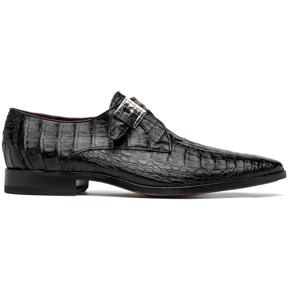 The Marco Di Milano Rovigo Black is a luxury monk strap dress shoe featuring genuine caiman crocodile, a pointed toe, metal buckle, and brown leather sole, displayed on a clean white background.