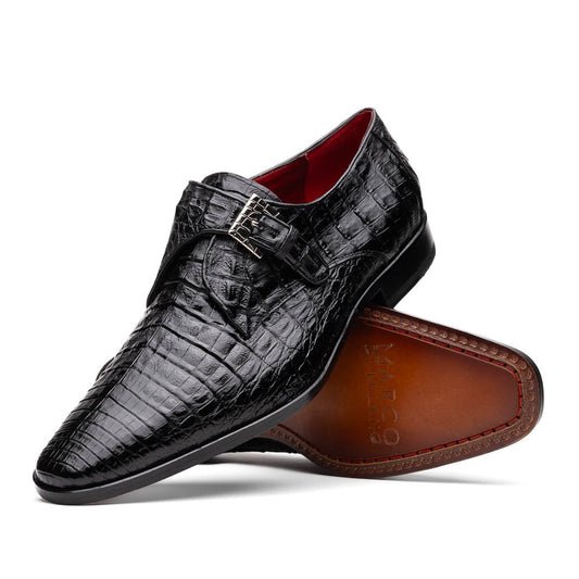 The Marco Di Milano Rovigo Black is a luxury monk strap dress shoe featuring genuine caiman crocodile, a pointed toe, metal buckle, and brown leather sole, displayed on a clean white background.