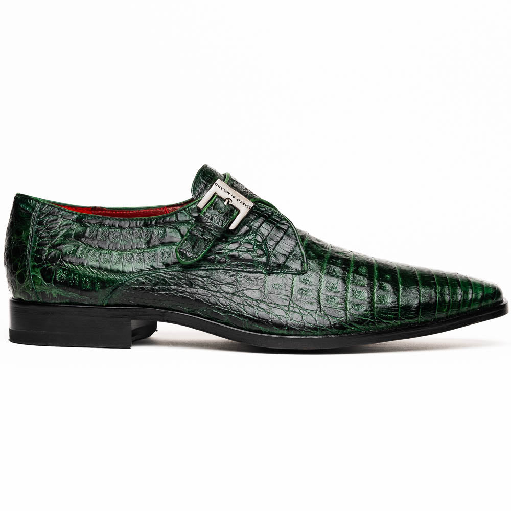 The Marco Di Milano Rovigo Forest Green features genuine caiman crocodile leather and a luxury monk strap, with one dress shoe propped to reveal its sole—a bold statement among men's exotic dress shoes.