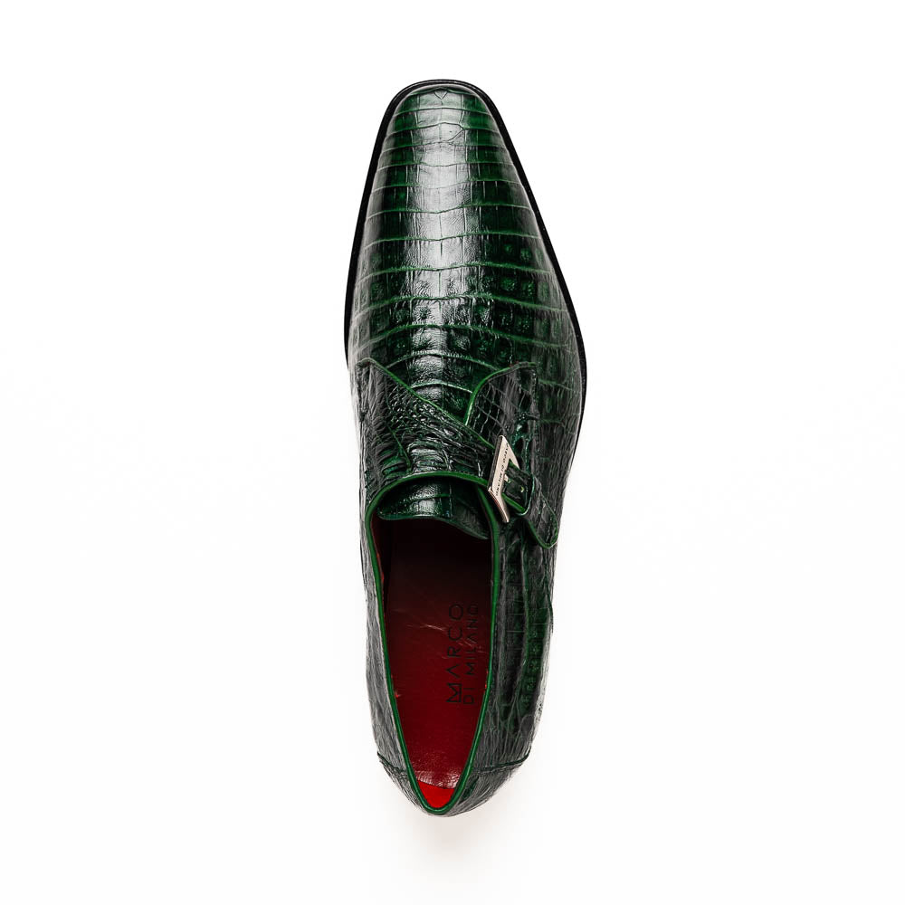 The Marco Di Milano Rovigo Forest Green features genuine caiman crocodile leather and a luxury monk strap, with one dress shoe propped to reveal its sole—a bold statement among men's exotic dress shoes.
