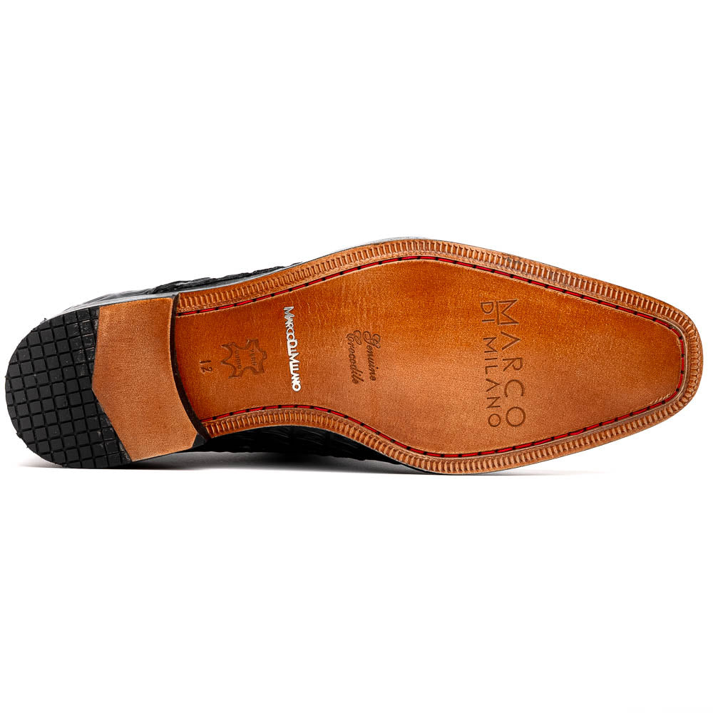 A pair of Luigi Wine monk strap dress shoes by Marco Di Milano, crafted in burgundy crocodile-pattern leather with silver buckles—one shoe displays the sole featuring the Marco Di Milano branding.