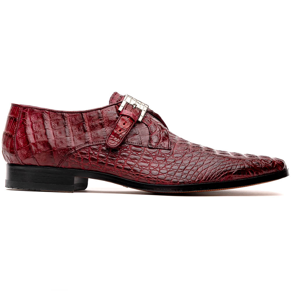 A pair of Luigi Wine monk strap dress shoes by Marco Di Milano, crafted in burgundy crocodile-pattern leather with silver buckles—one shoe displays the sole featuring the Marco Di Milano branding.