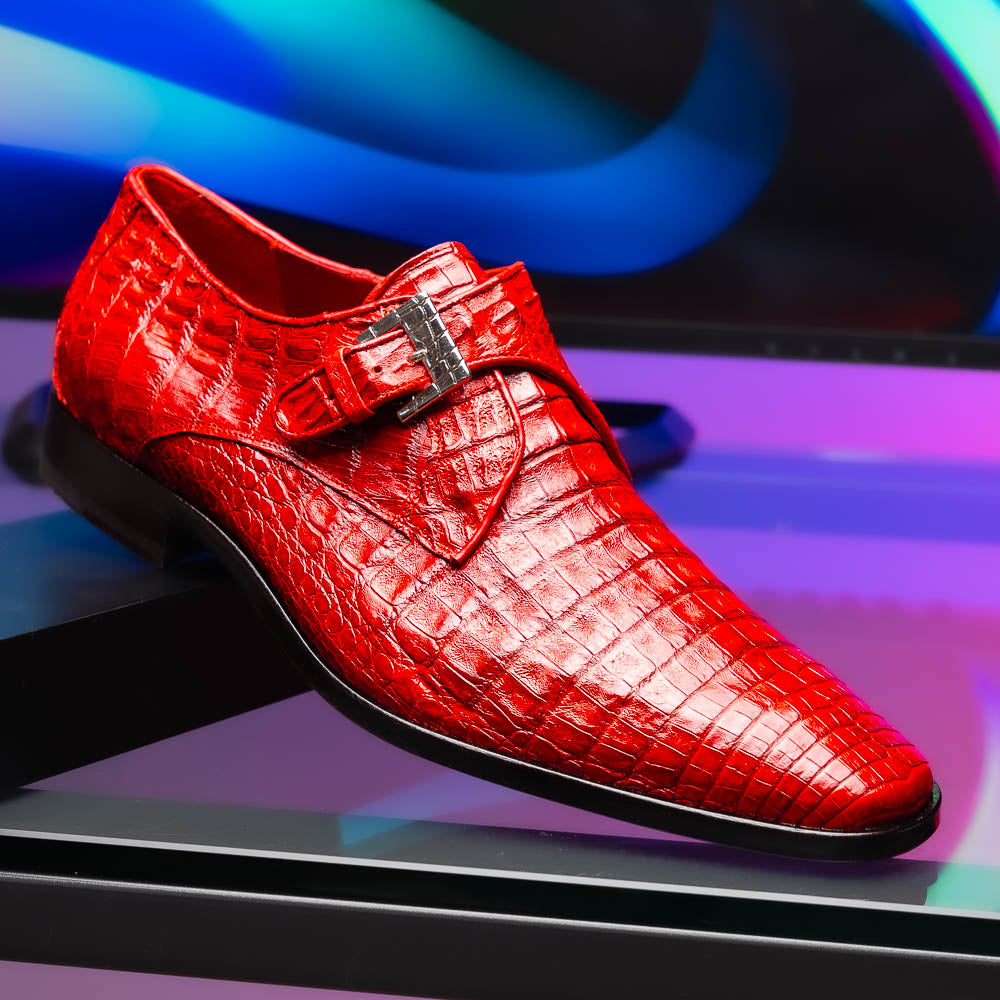 A pair of luxury Marco Di Milano Rovigo Red men's dress shoes in genuine caiman crocodile leather: one upright, the other on its side revealing the elegant sole.