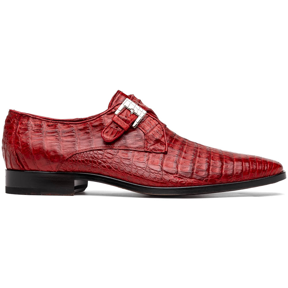 A pair of luxury Marco Di Milano Rovigo Red men's dress shoes in genuine caiman crocodile leather: one upright, the other on its side revealing the elegant sole.